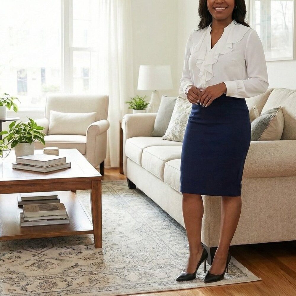 Navy Stretch Pencil Skirt | Size XXL (US 14) | High Elastic Knit Work Skirt